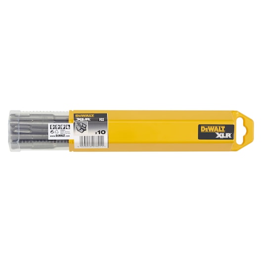 A yellow DEWALT XLR box containing ten SDS Plus drill bits, with a clear lid showing the drill bits inside.