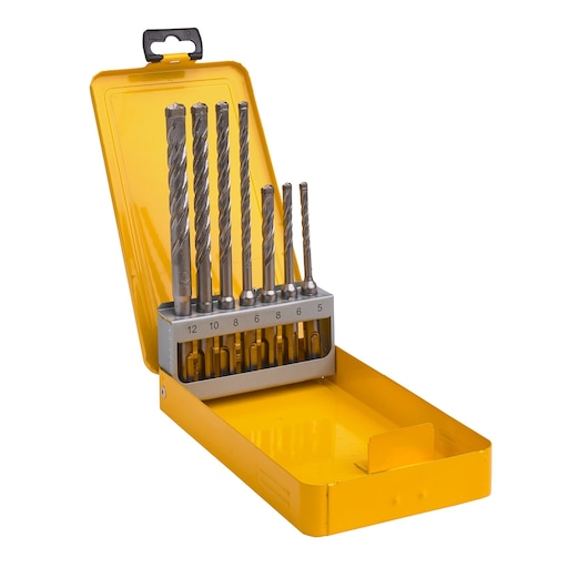 Yellow case holding a DEWALT drill bit set with seven bits of varying sizes, organized and standing upright.
