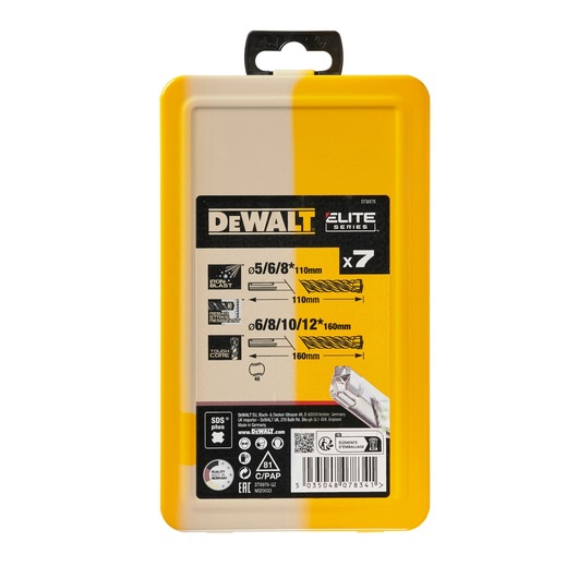 Back view of a DEWALT Elite Series drill bit set package (SKU DT8976), showing product information and specifications in a yellow and beige case.
