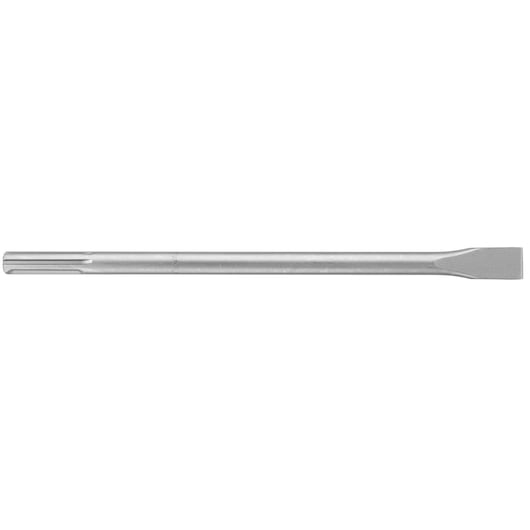 A metal flat chisel with a long shaft, designed for use with SDS drills for chiseling and demolition tasks.