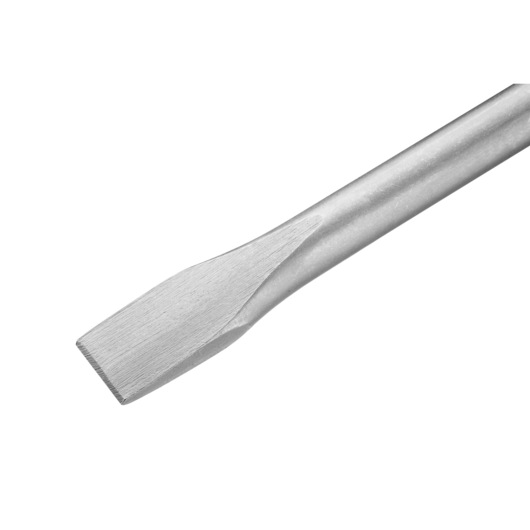 Close-up of a flat chisel tool with a silver metallic finish, designed for use with power tools and suitable for chiseling or demolition work.