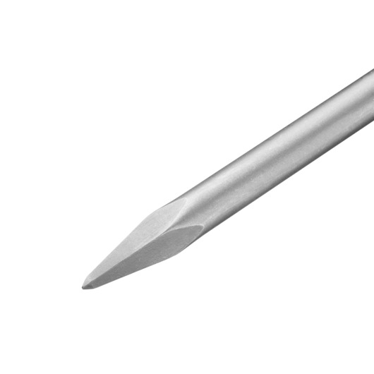 Close-up view of a DEWALT pointed chisel accessory with a metallic finish, designed for use with power tools.