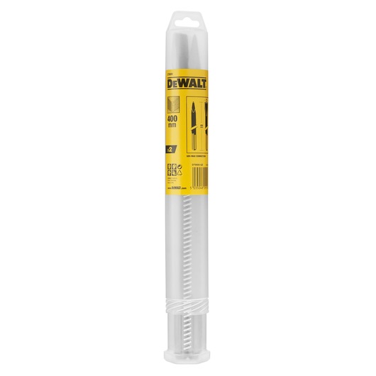 A packaged DEWALT DT9000 product containing two 400 mm SDS Max chisel tools, displayed in a transparent plastic cylinder with a yellow label.