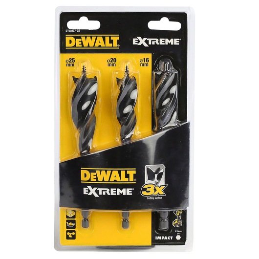 Pack of three DEWALT EXTREME drill bits for impact drivers, sizes 25 mm, 20 mm, and 16 mm, displayed in a yellow and black blister packaging.