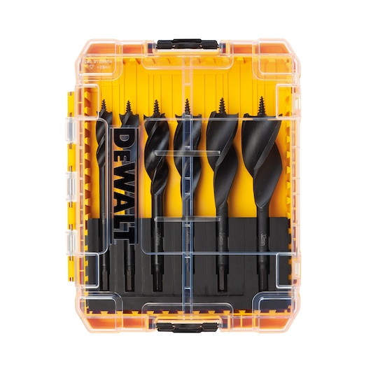 DEWALT drill bit set in a transparent plastic case with five black auger bits organized upright.