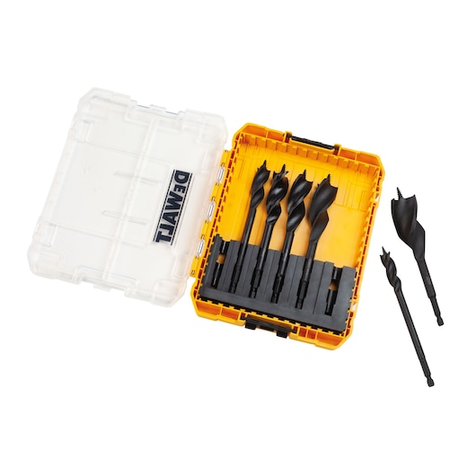 DEWALT drill bit set in a yellow case with six bits, two are placed outside the box.