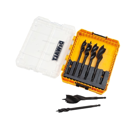 DEWALT drill bit set in yellow box with clear lid, six drill bits included, two are placed outside the box.