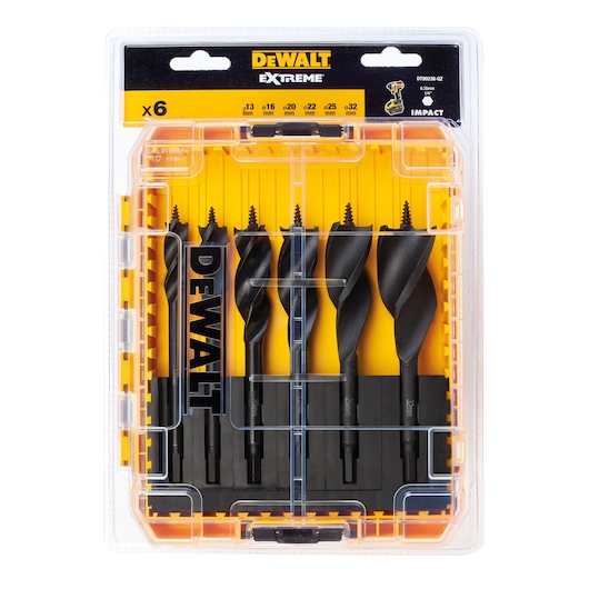 A clear plastic case containing a DEWALT Extreme impact auger bit set with six black drill bits of different sizes arranged vertically. The case has bold yellow and black branding and labels showing the sizes: 13 mm, 16 mm, 20 mm, 22 mm, 25 mm, and 32 mm.