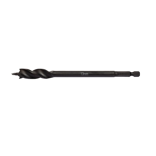 DEWALT 13mm wood drill bit with hex shank and threaded tip for precision woodworking.