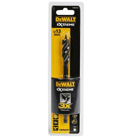 DEWALT Extreme 13mm drill bit in retail packaging, designed for impact use and durable cutting performance.