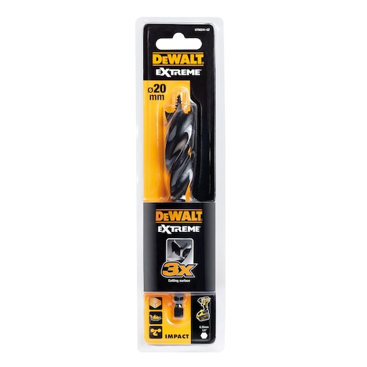 DEWALT Extreme Impact drill bit, 20mm size, in retail packaging, designed for enhanced cutting and durability.