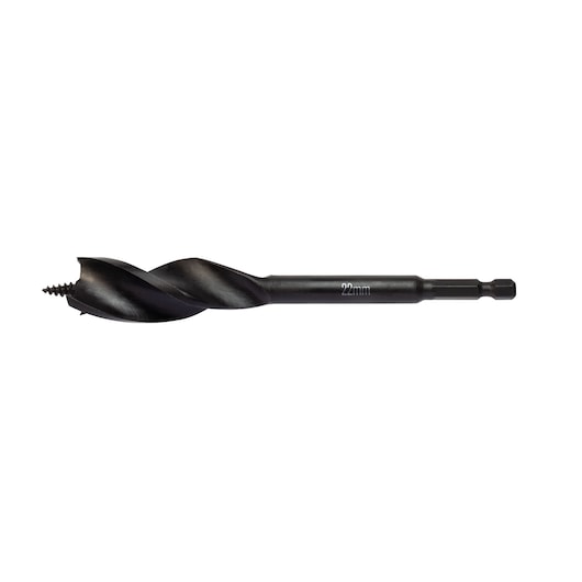 DEWALT 22mm black auger drill bit with hex shank, designed for precision wood drilling.