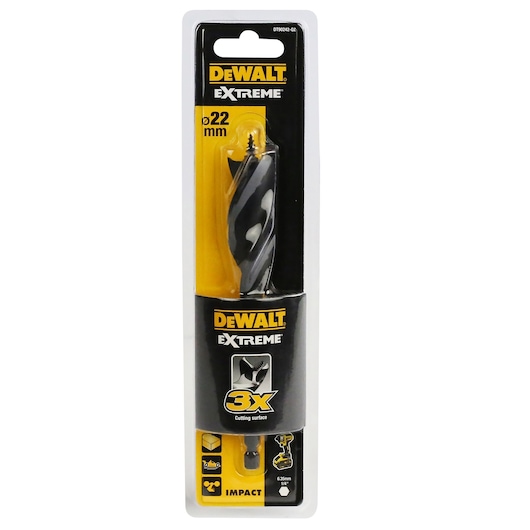 DEWALT DT90242 Extreme wood drill bit in 22mm size, packaged for impact use, shown in retail blister packaging.