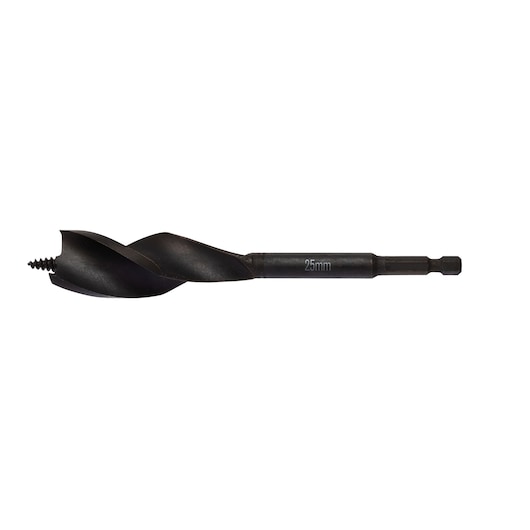 A DEWALT 25mm wood auger drill bit with a hex shank and threaded tip, designed for precise drilling in wood.