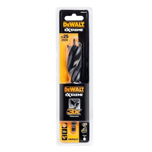 DEWALT Extreme impact drill bit, 25mm, in retail packaging. Black and yellow design with product info visible.