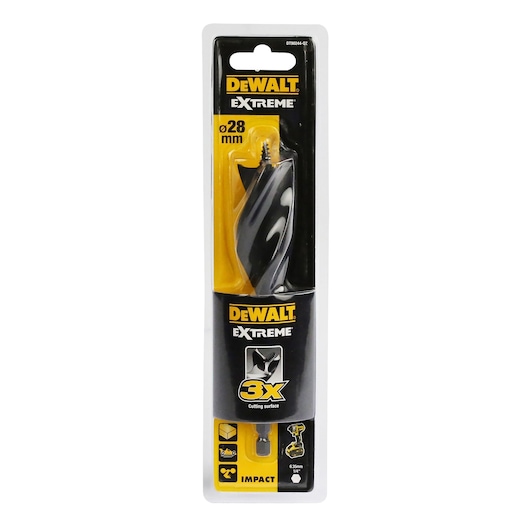 Packaging of a DEWALT Extreme impact drill bit, 28mm diameter, with 3X cutting surface, suitable for use with impact tools.