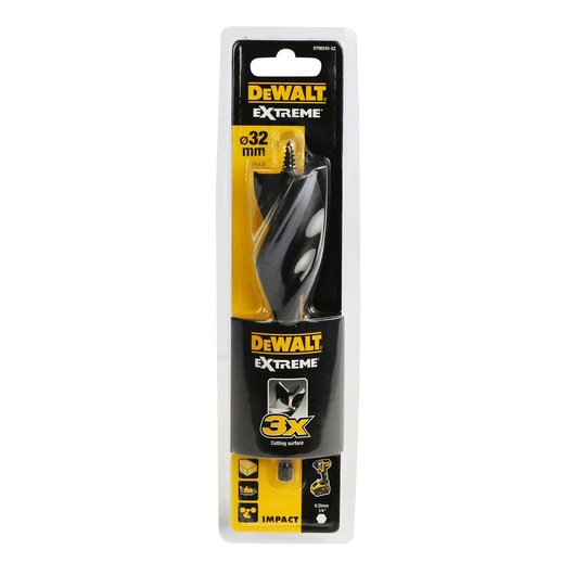 DEWALT Extreme drill bit in retail packaging, 32mm size, designed for impact tools and fast cutting.