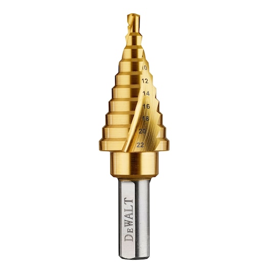Gold stepped drill bit with size markings and a DEWALT label on the shaft, used for creating holes of various diameters.