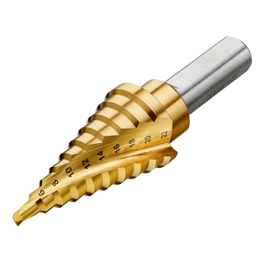 DEWALT stepped drill bit with size markings, designed for drilling multiple hole diameters in metal.