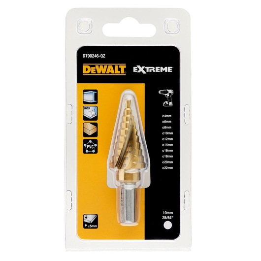 DEWALT Extreme DT90246 step drill bit in retail packaging with size markings and material icons.