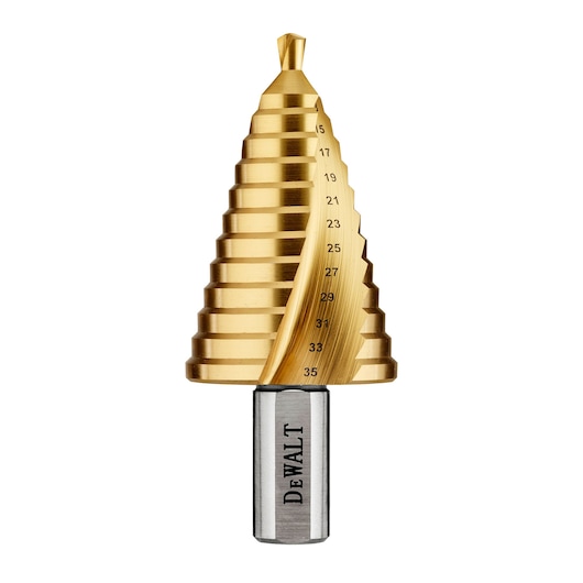 DEWALT gold step drill bit with size markings, cylindrical base, for making precise holes in various materials.