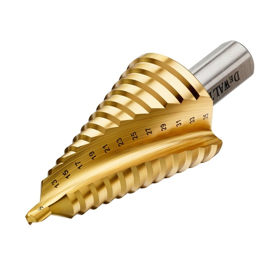 Gold-colored DEWALT step drill bit with engraved size markings, used for drilling holes of different diameters.