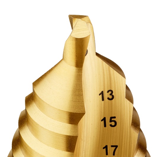 Close-up of a gold step drill bit with marked sizes 13, 15, 17. Tool for precision drilling in various materials.