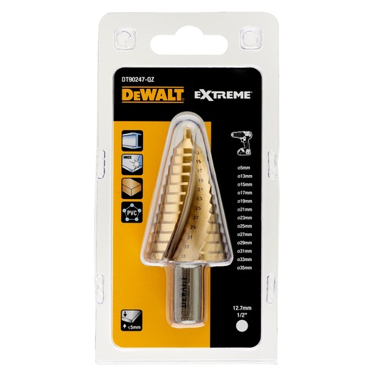 DEWALT DT90247 Extreme step drill bit in retail packaging, showing size markings and usage icons.