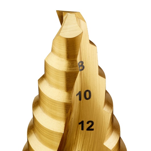 Close-up of a gold DEWALT step drill bit with size markings 8, 10, and 12 visible.