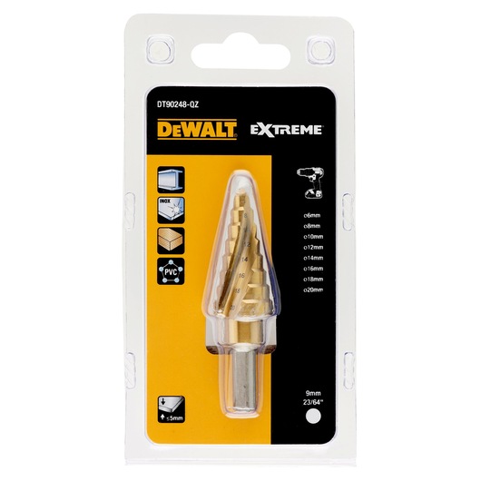 DEWALT step drill bit DT90248 in packaging, suitable for metal, wood, and PVC, sizes 6-20mm.