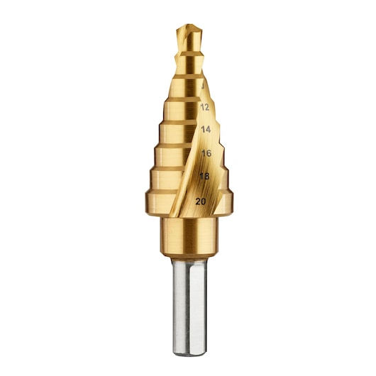 Gold DEWALT step drill bit with size markings from 12 to 20, designed for precise metal drilling.