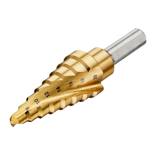 Gold DEWALT step drill bit with size markings, shown against a white background.