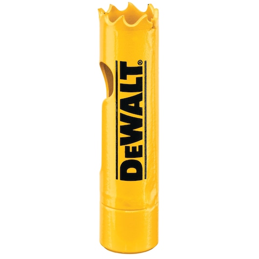 A yellow DEWALT hole saw bit with serrated edge, designed for cutting holes in various materials.