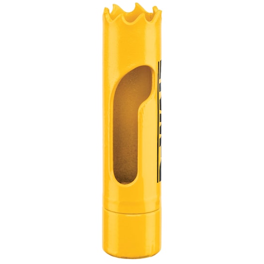 A yellow DEWALT hole saw drill bit with an open side for debris removal, used for cutting precise holes in materials.