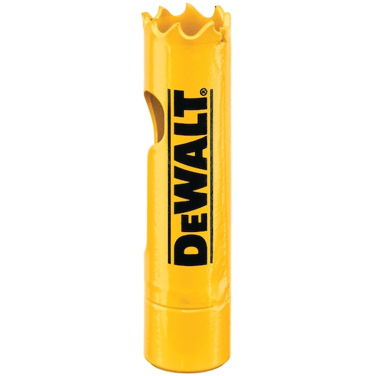 A yellow DEWALT hole saw drill bit with sharp teeth, designed for cutting holes in materials.