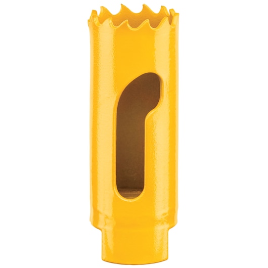 A yellow DEWALT hole saw with jagged cutting teeth and an oval-shaped opening on its side, used for drilling holes in materials.