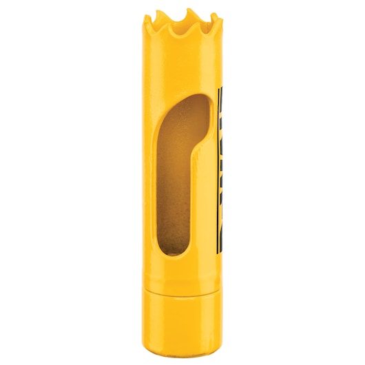 A yellow DEWALT hole saw with an open side for material removal, designed for cutting circular holes in various materials.