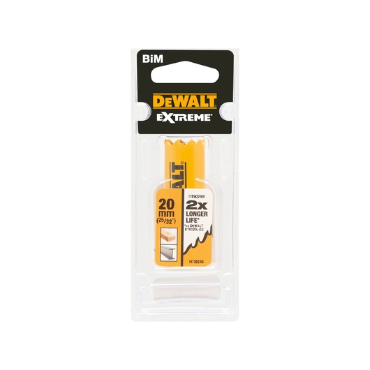 DEWALT EXTREME BiM replacement saw blade, model DT90299, in yellow and black packaging. The blade is 20mm (25/32 inch) wide and promises 2x longer life. Suitable for cutting materials as depicted on the packaging.