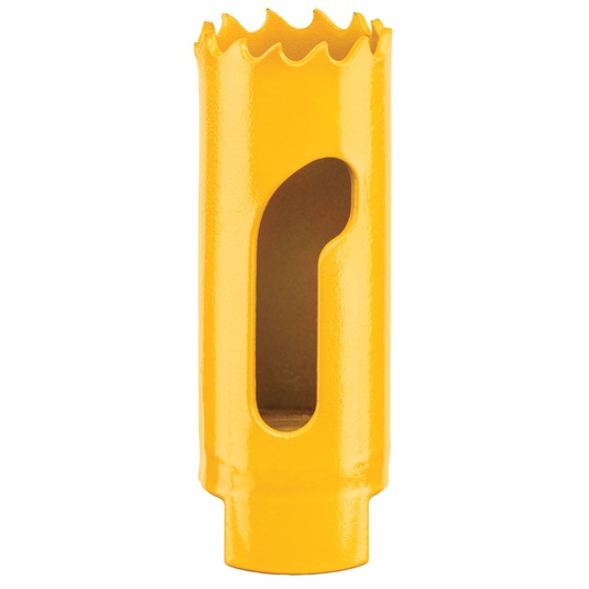 A yellow DEWALT hole saw with a jagged edge and an elongated side opening, used for cutting holes in materials.
