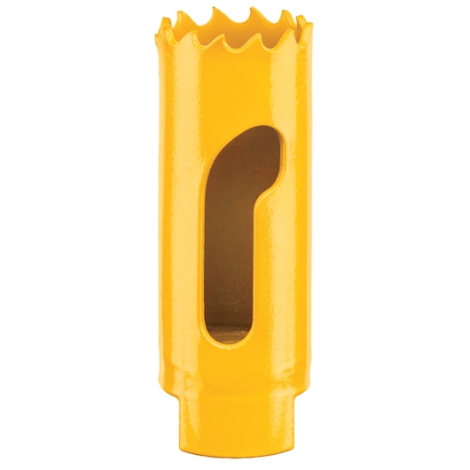A yellow DEWALT hole saw with an open side and serrated cutting edge, used for drilling circular holes in materials.