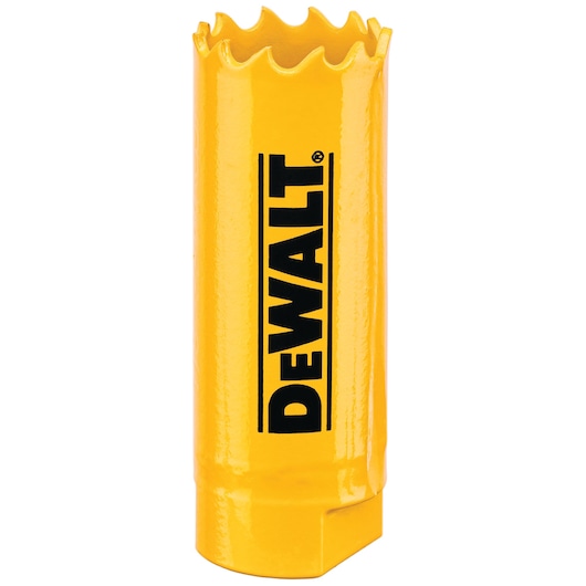 A yellow DEWALT hole saw with sharp teeth, standing upright. The DEWALT logo is printed vertically in black on the side.