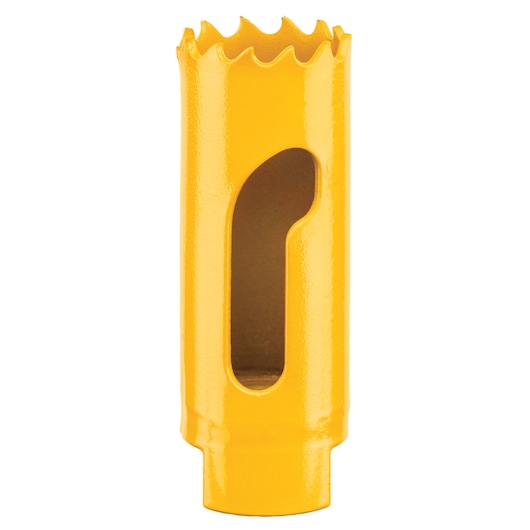 A yellow DEWALT hole saw with sharp teeth and an elongated side opening, designed for cutting holes in materials.