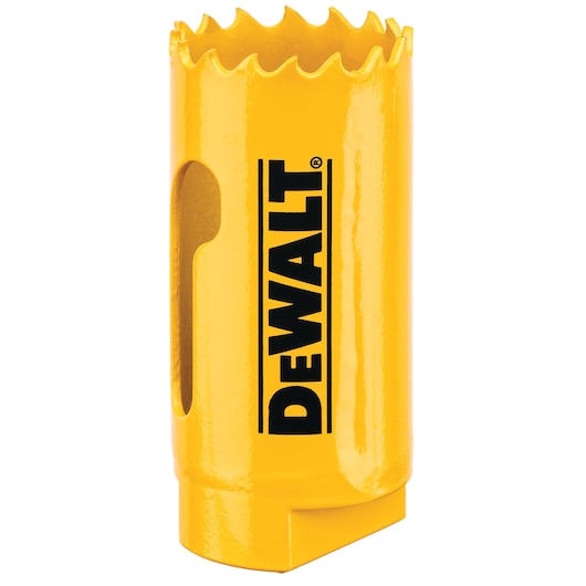 A yellow DEWALT hole saw with sharp serrated edges, used for drilling circular holes in materials.