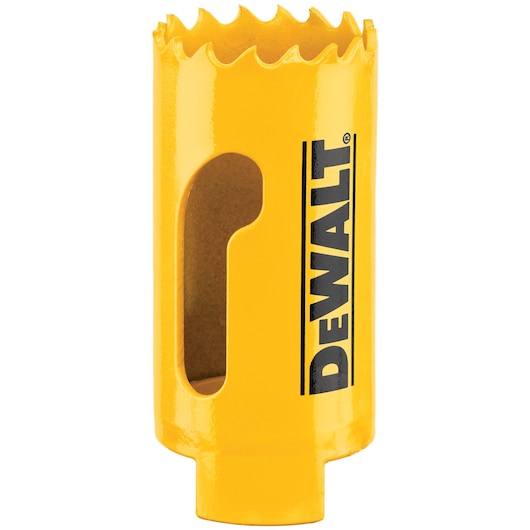 A yellow DEWALT hole saw with jagged cutting edges and a side opening for debris removal, designed for drilling holes in materials like wood or metal.