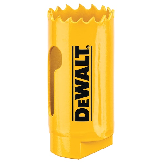 Yellow DEWALT hole saw with jagged cutting edge, shown vertically with brand logo printed on the side.