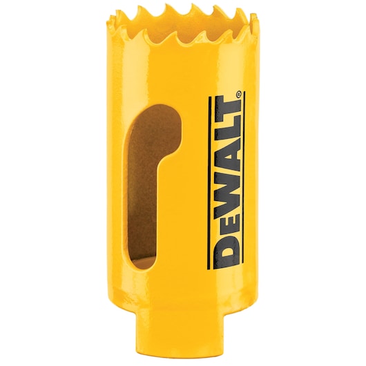 A yellow DEWALT hole saw with serrated edges and an open side vent, used for drilling holes in materials.