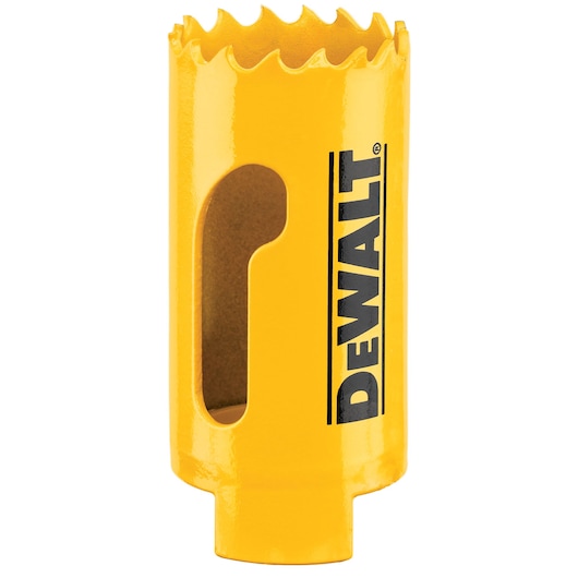 A yellow DEWALT hole saw with jagged cutting teeth and an open side window, used for drilling holes in materials.