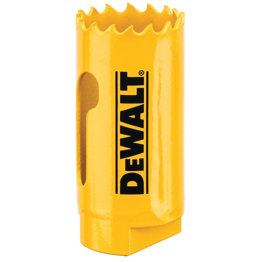 A yellow DEWALT hole saw with jagged teeth at the top, designed for cutting circular holes in materials.