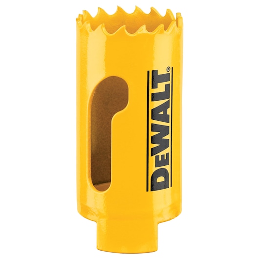 A yellow DEWALT hole saw with serrated cutting edge and side opening, designed for drilling holes in various materials.