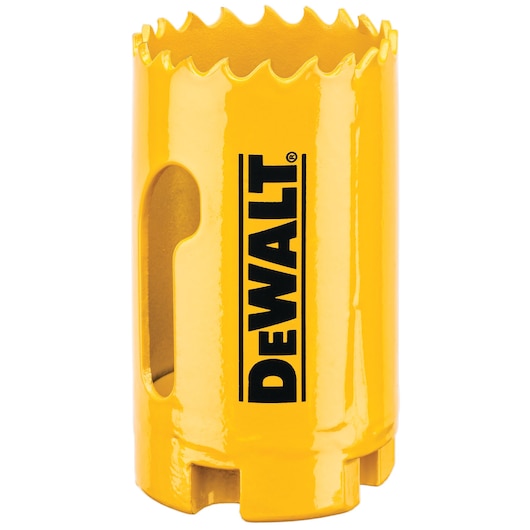 A close-up image of a yellow DEWALT hole saw with jagged cutting edges and the DEWALT logo printed vertically on the side.
